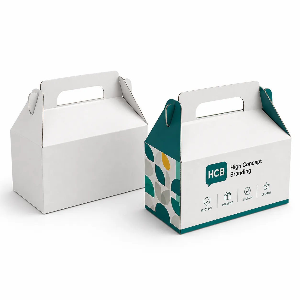 Professional white and custom branded gable packaging with built-in handles for secure retail and gift delivery. class=